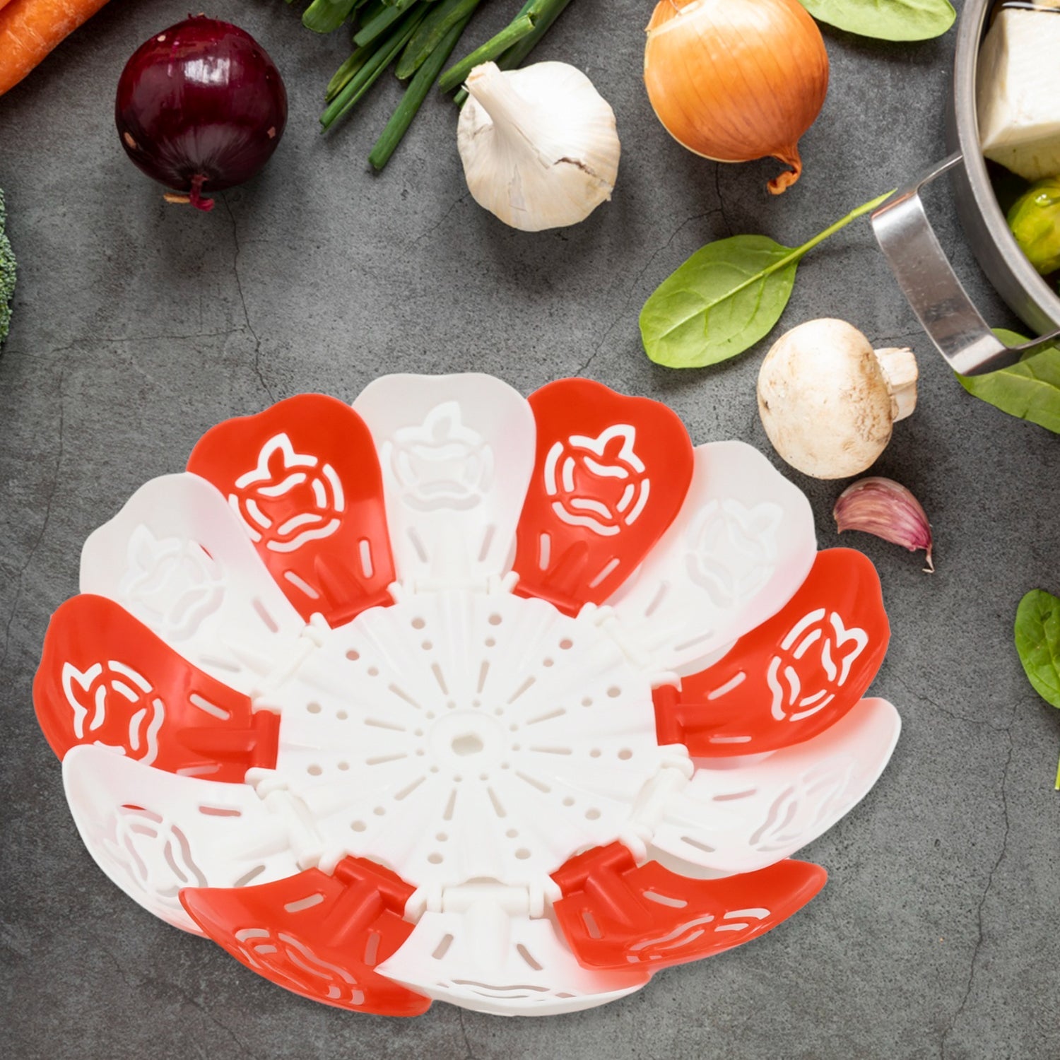 Folding Fruit Basket with Hanging Stand – Lotus Shape Tray for Fruits & Vegetables (1 Pc) Folding Fruit Basket with Hanging Stand – Lotus Shape Tray for Fruits & Vegetables (1 Pc)